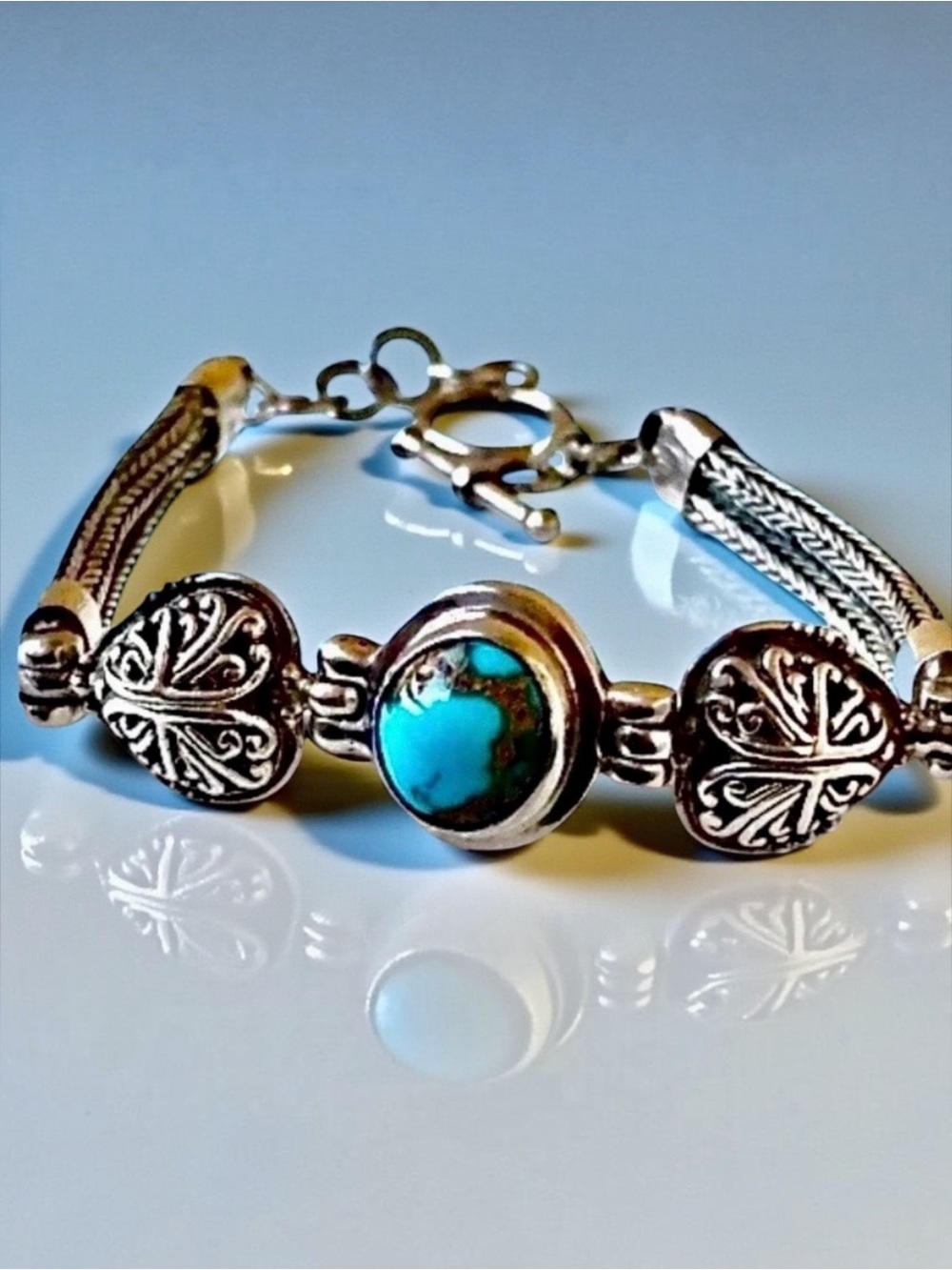 Vintage 925 Sterling Silver Turquoise Foxtail Chain Bracelet Toggle Clasp Ornate